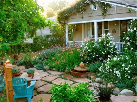 hardscaping  small yards    combining materials  greenery front yard garden