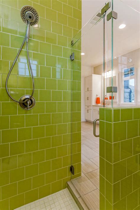 glass enclosed shower with lime green tiles hgtv