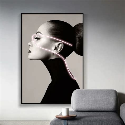 Modern Black White Neon Sex Girl Print Poster Minimalist Canvas