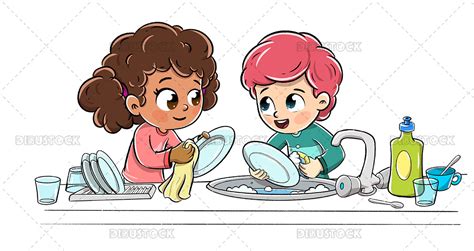 Niños Lavando Platos Haciendo La Tarea En Equipo Ilustraciones De