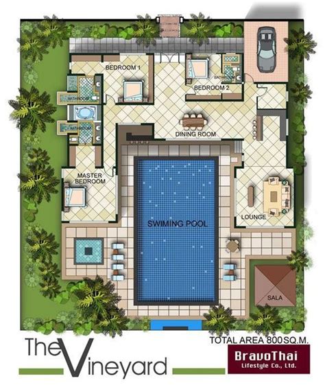 shaped bungalow floor plan  pool google search   tropical home pinterest