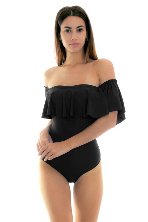 black off shoulder one piece swimsuit with flounce black maio babado