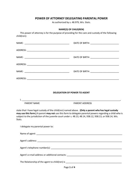 wisconsin minor child power  attorney form  eforms