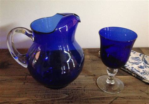 Large Vintage Cobalt Blue Pitcher With Clear Glass Handle M305 Etsy