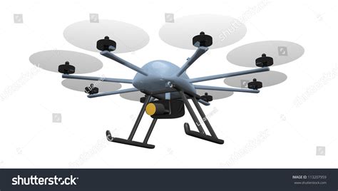 sky blue multi rotor surveillance drone   motors landing skid  video camera stock