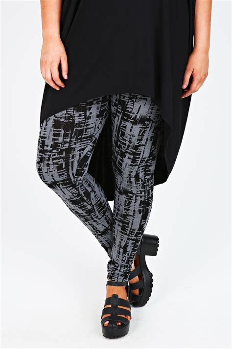 black and grey brush print viscose elastane leggings plus size 16 18 20 22 24 26 28 30 32