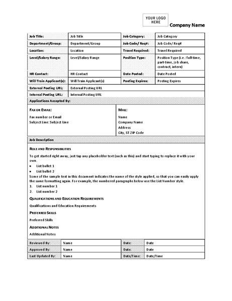 Job Description Form Templates For Ms Word Formal Word Templates My
