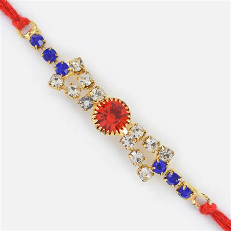 send silver designer fancy rakhi  red  blue jewels  buy