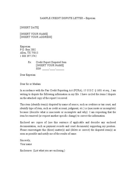 experian credit dispute letter