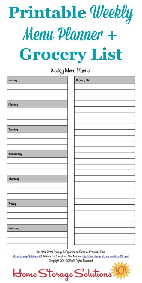 weekly menu  grocery list template