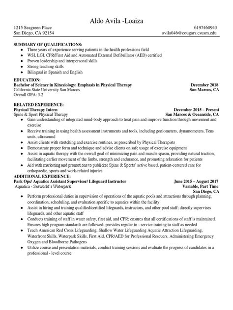 kinesiology resume  physical therapy clinical medicine