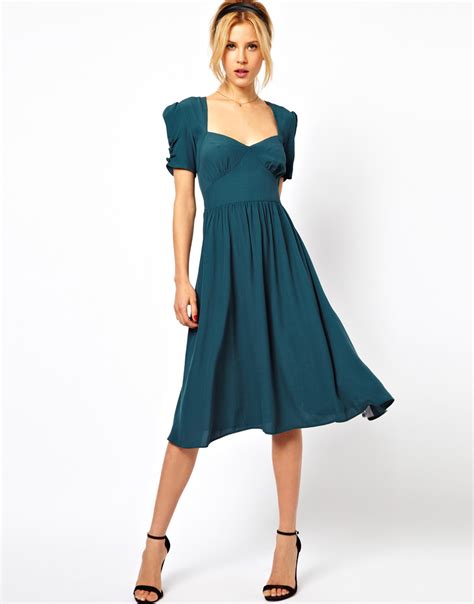 lyst asos asos midi dress  covered buttons  green