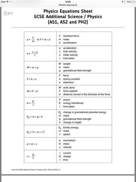 favorite aqa gcse chemistry equation sheet level  mechanics formula