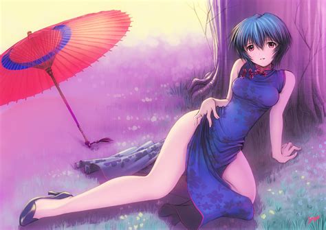 ayanami rei blue hair chinese clothes chinese dress