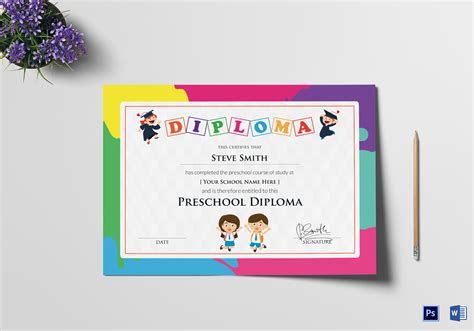 preschool diploma certificate design template  psd word