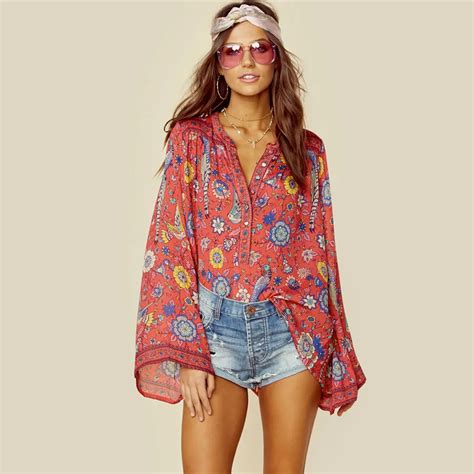 red boho blouse  autumn birds floral print blouses vinatge  neck flare long sleeve bohemia