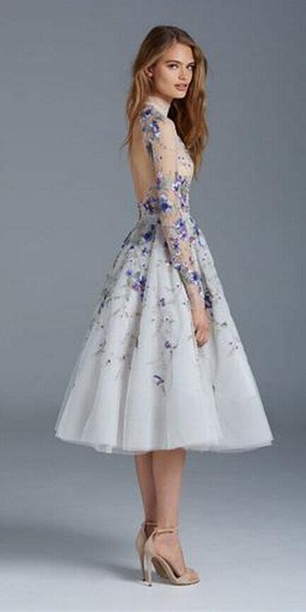 prom dresses long sleeves flower embroidery tea length party evening dress high neck vintage