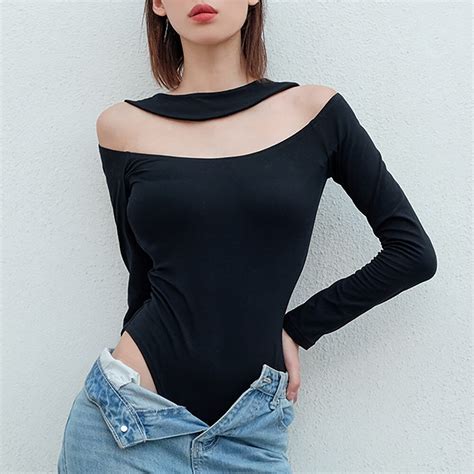 women o neck solid black bodysuits overalls long sleeve hollow out