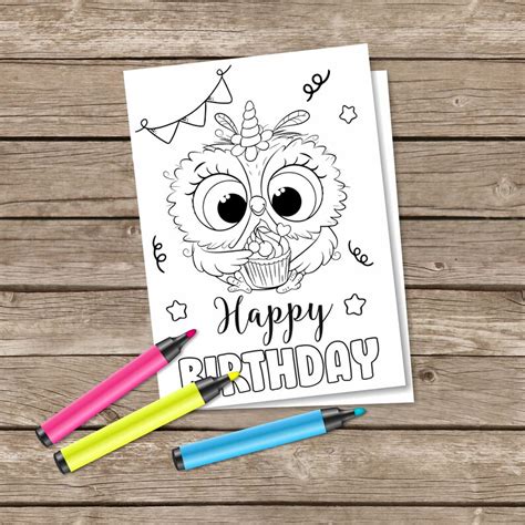 digital happy birthday card owl coloring card kids greeting etsy