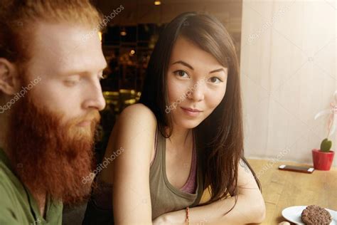 Interracial Couple Having Date At Cafe Attractive Asian Girl With