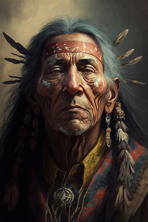 An Old Native American Man With Feathers On His Head