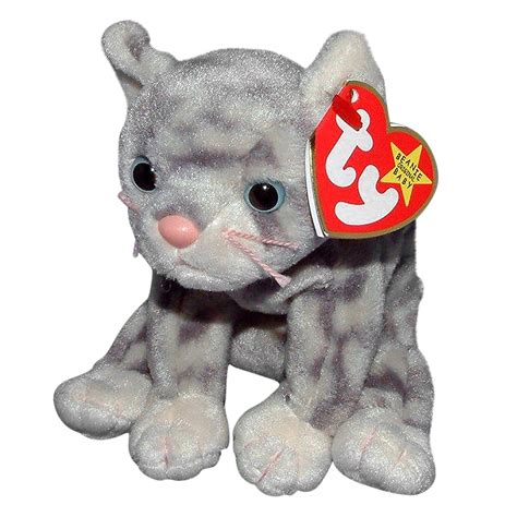 ty beanie baby silver  grey tabby cat stuffed animal mwmt