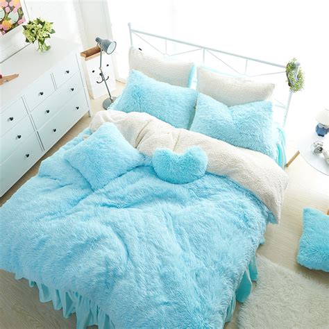 White Blue Princess Girls Bedding Set Thick Fleece Warm