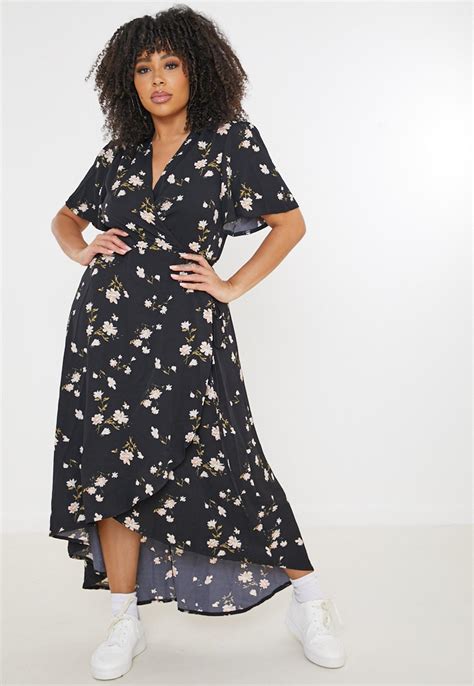 plus size black floral print wrap midi dress missguided