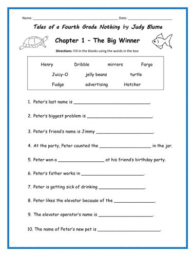 tales   fourth grade   judy blume printable worksheets