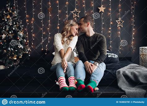 Cheerful Couple In Bright Socks On Bed Stock Image Image Of