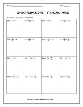 writing equations  standard form worksheet  algebra funsheets