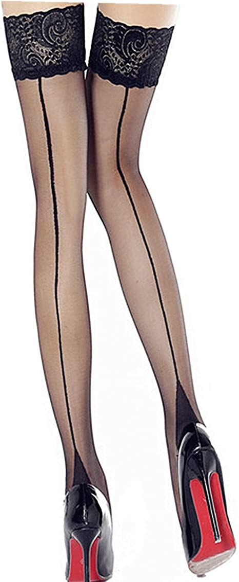 Women S 20d Sheer Lace Thigh High Stockings With Back Seam Hosiery For