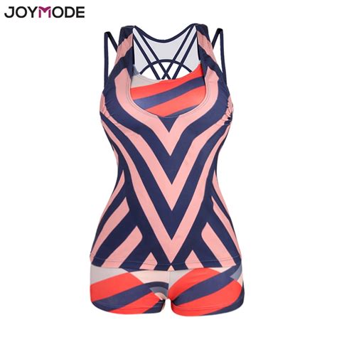 joymode blue and orange striped swimwear women printed tankini with