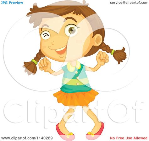Cartoon Of An Excited Brunette Girl Doing A Happy Dance