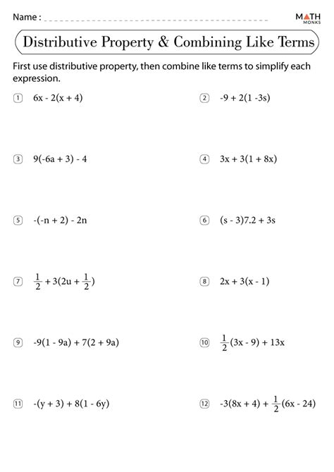 combining  terms  distributive property worksheets  answer key