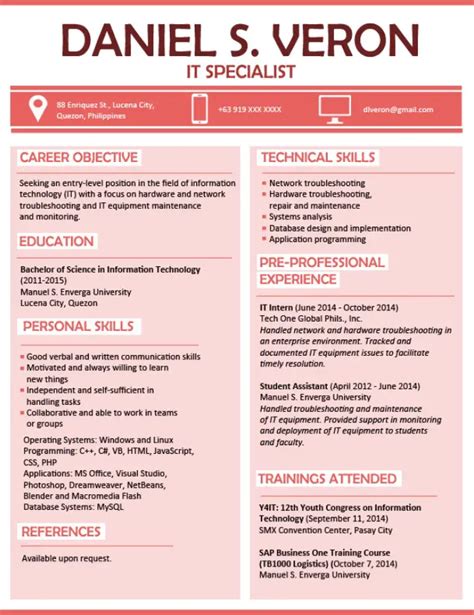 resume sample  fresh graduate   philippines filipiknow