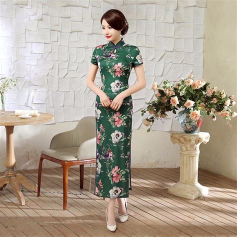 hot sale green summer lady vintage long dress chinese style women satin