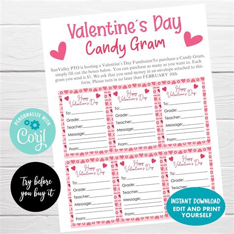 editable valentines day candy gram flyer pto pta etsy candy