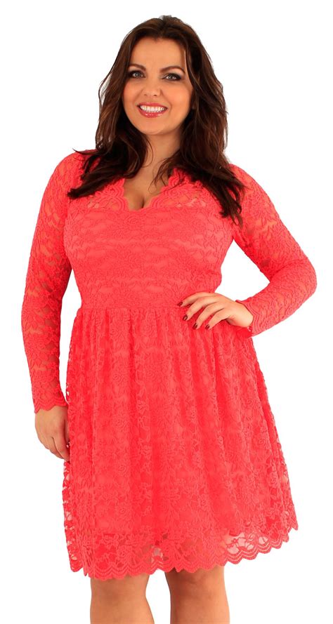 new womens long sleeve scallop lace v front skater dress 4 20 ebay