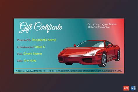 car deal gift certificate template gift certificate template