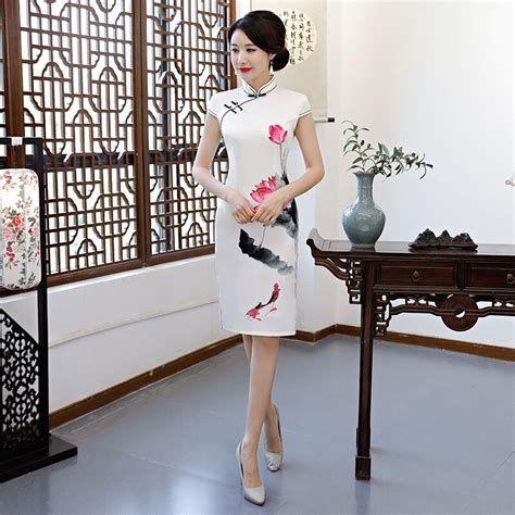 white chinese national satin dresses vintage print flower slim