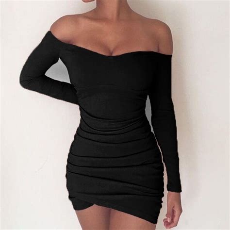 Women Off The Shoulder Sexy Tight Short Dress Long Sleeves