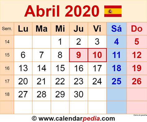 calendario abril  en word excel   calendarpedia