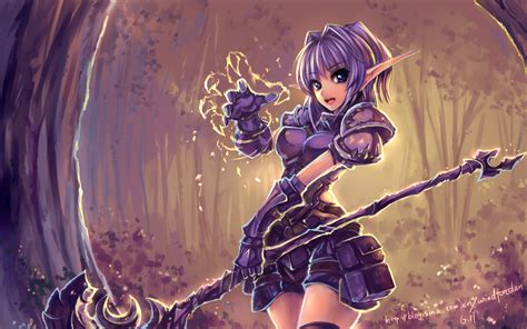 armor blue eyes pointed ears purple hair shorts staff thighhighs tree