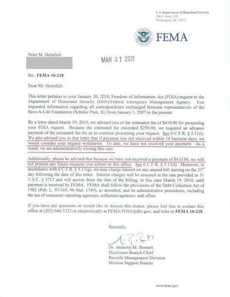 letter  fema refusing  fill  foia request freedom