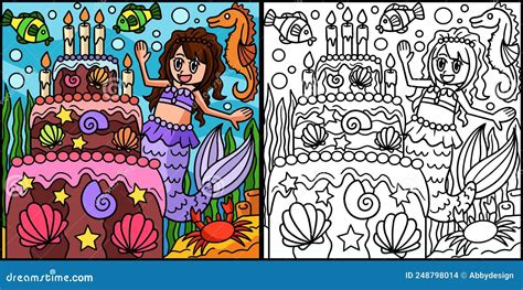 mermaid  birthday cake colored illustration stock vector