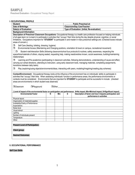Sample Template For Occupational Therapy Preschool Evaluation
