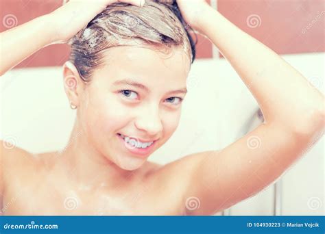 Teenage Girl In Bathroom Is Showering Morning And Evening Hygie Stock