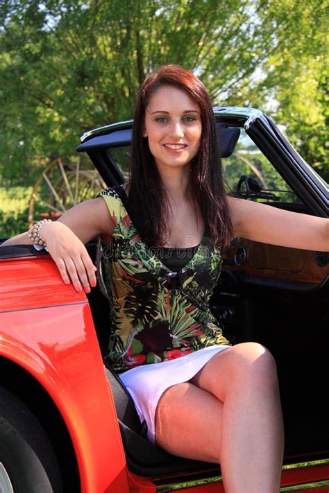 Beautiful Brunette Girl Classic Car Editorial Stock Image Image 28100854