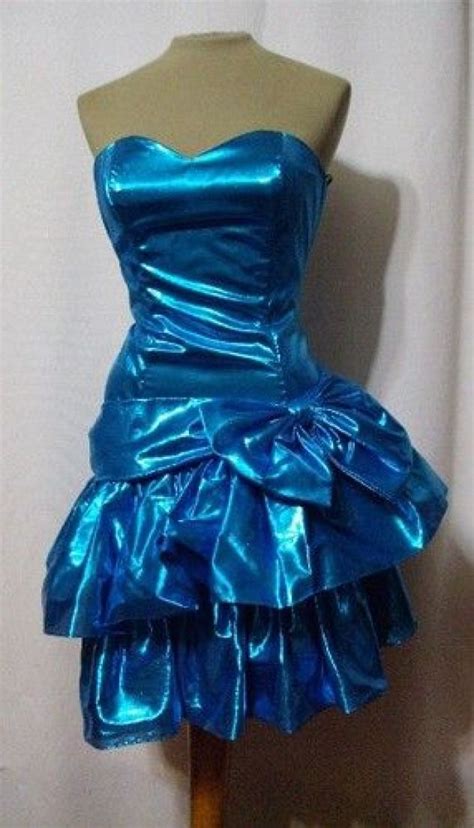 vintage dress  ruffle strapless party bow metallic blue   prom electric ebay prom